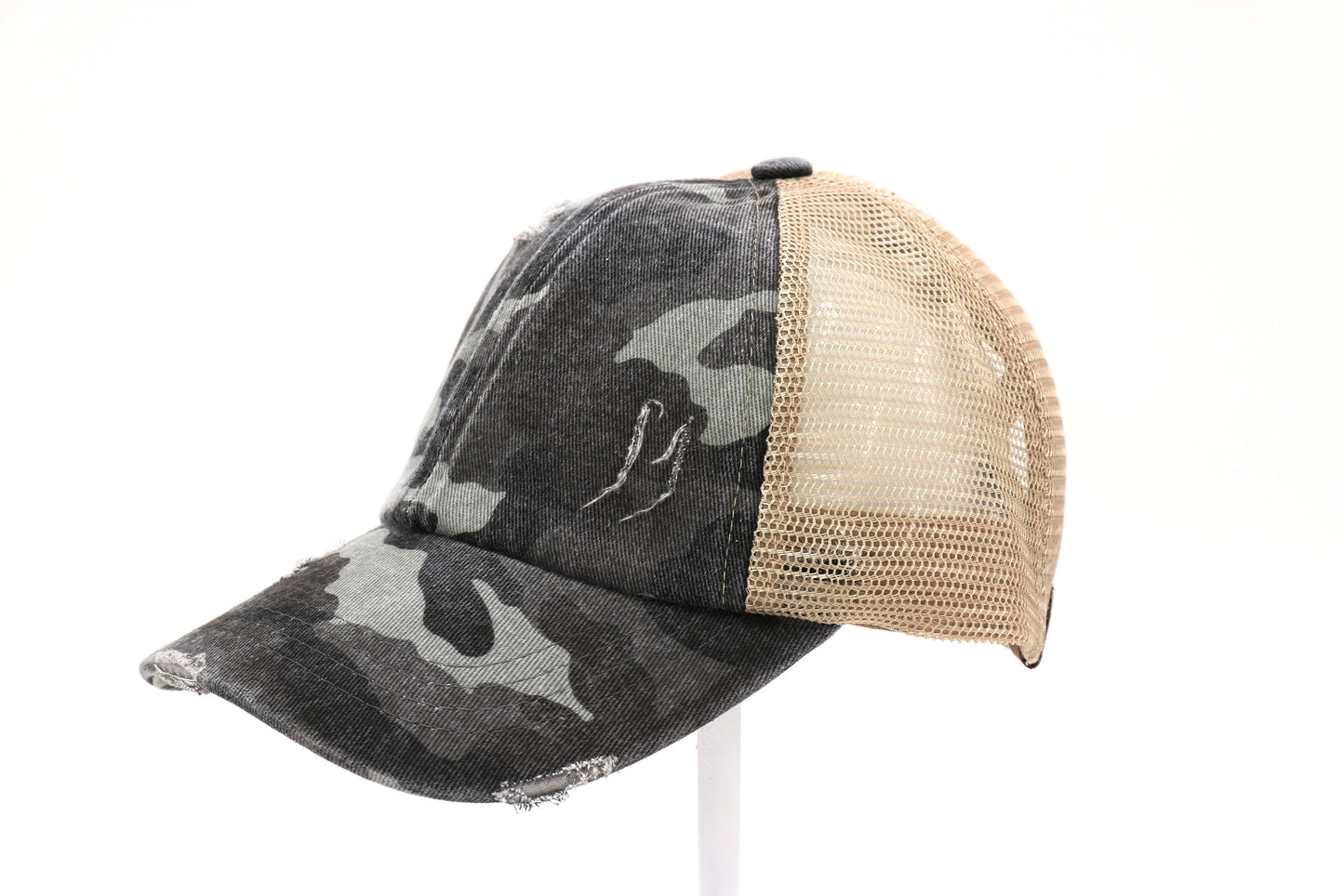 Distressed Camouflage Criss Cross High Pony Ball Cap