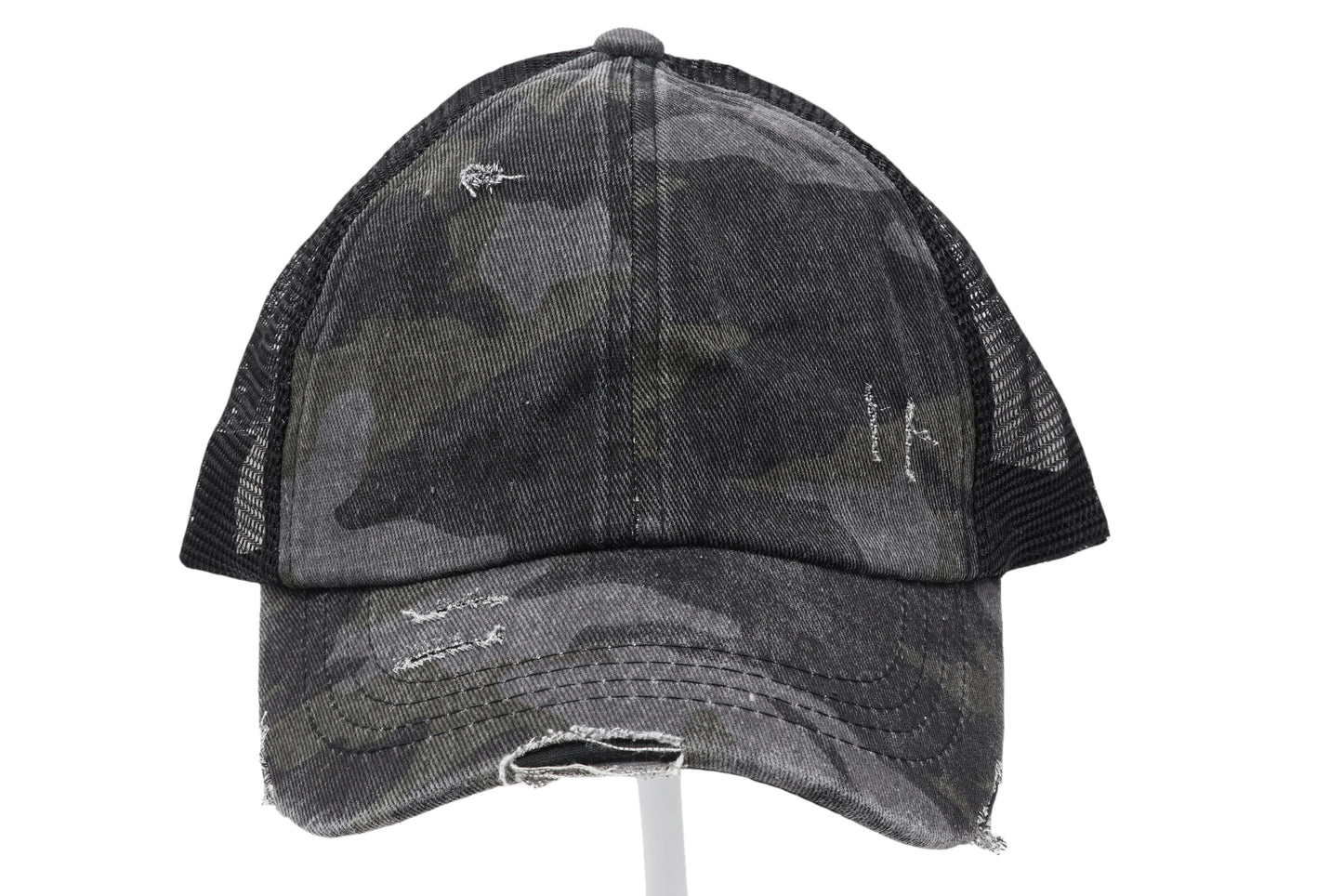 Distressed Camouflage Criss Cross High Pony Ball Cap