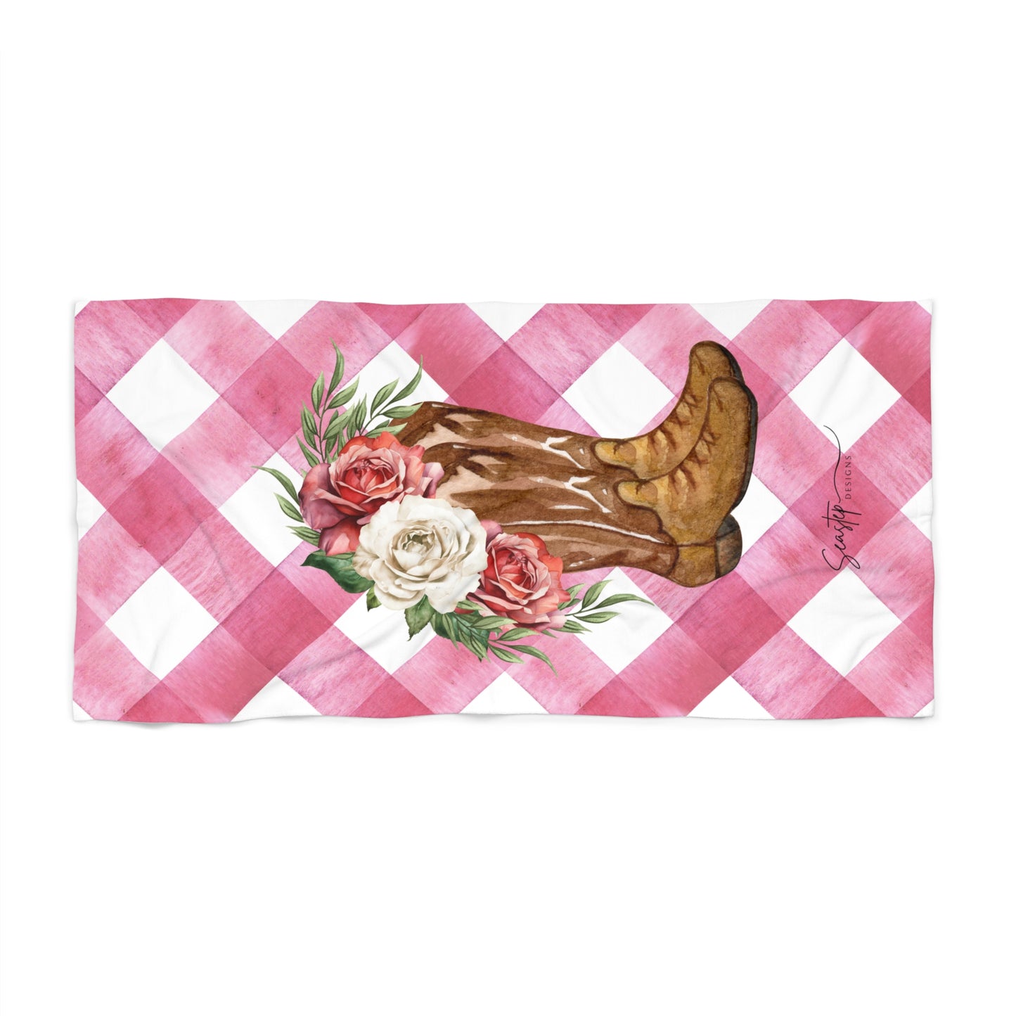 Cowgirl Boot Beach Towel - Pink Gingham Floral Western Design