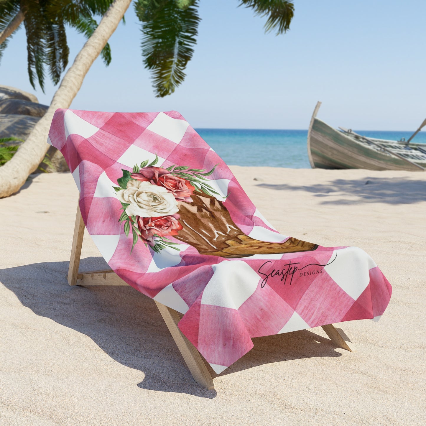 Cowgirl Boot Beach Towel - Pink Gingham Floral Western Design
