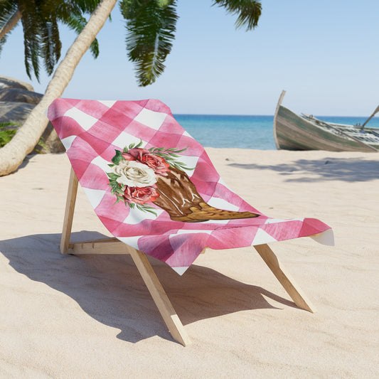 Cowgirl Boot Beach Towel - Pink Gingham Floral Western Design