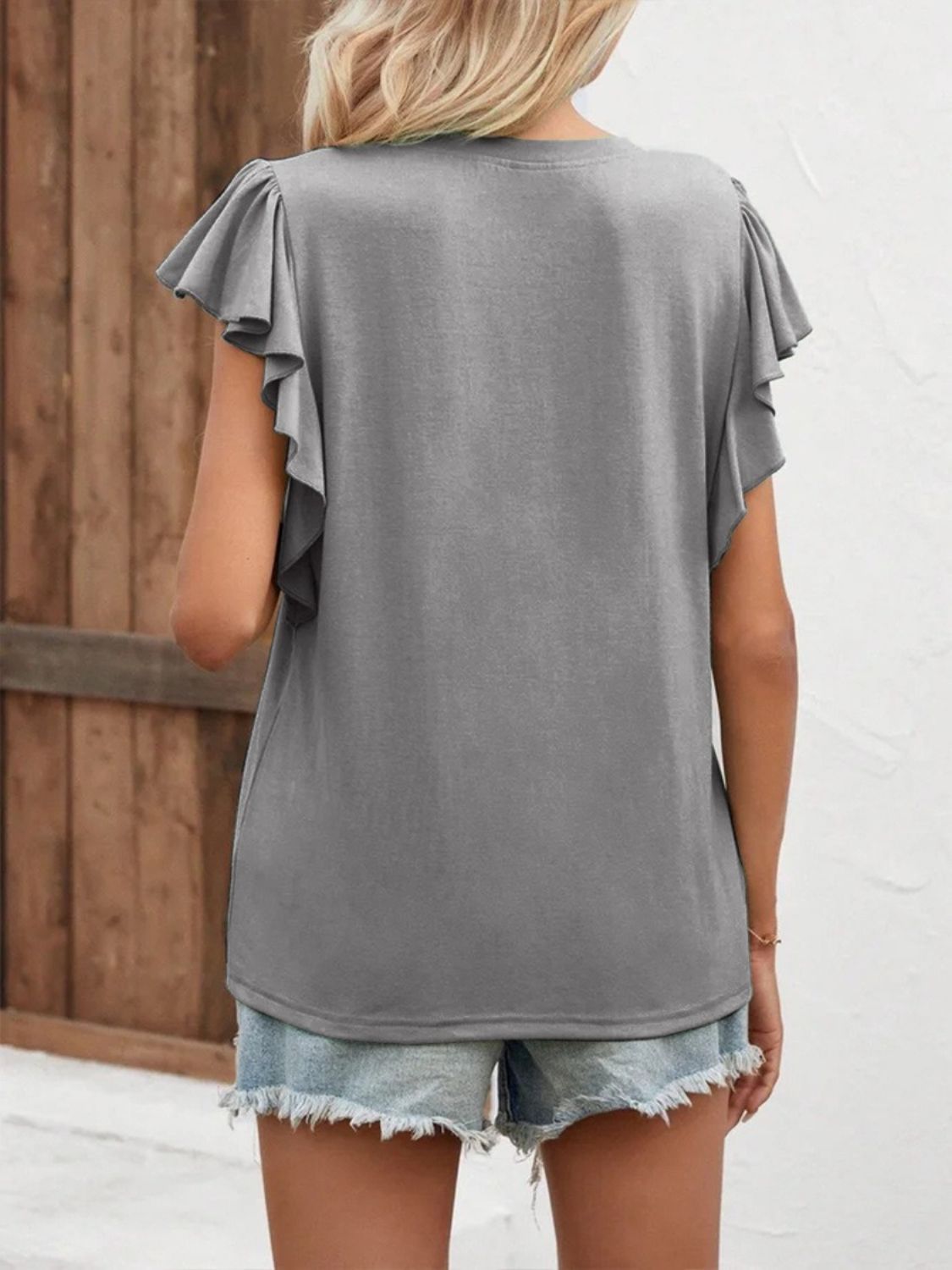 Full Size Ruffled Notched Cap Sleeve T-Shirt
