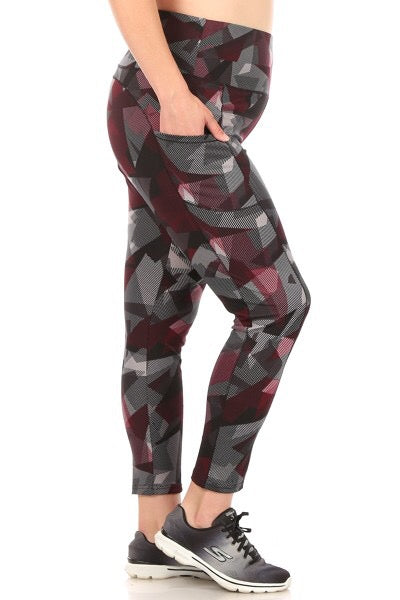 Grey & Burgundy Geo Sport Leggings (Plus)