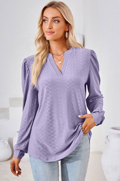 Ruched Notched Long Sleeve T-Shirt