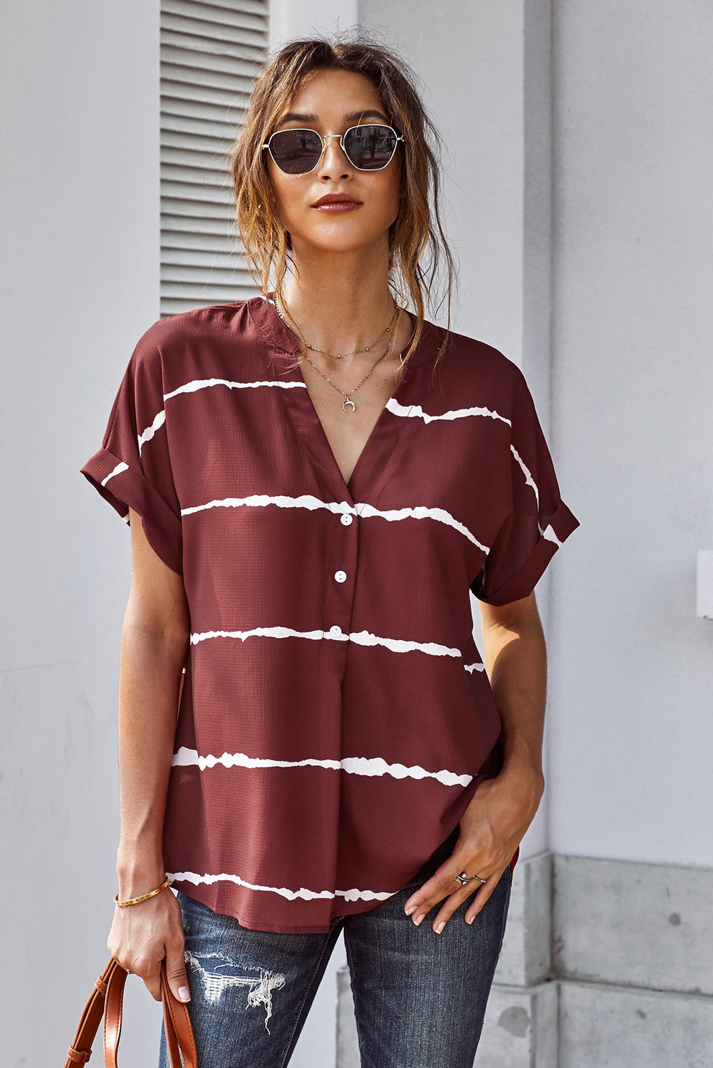 Striped Notched Neck Cuff Sleeve Top