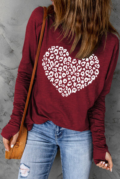 Heart Graphic Round Neck Long Sleeve T-Shirt