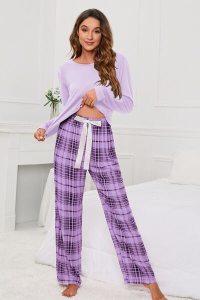 Round Neck Long Sleeve Top and Bow Plaid Pants Lounge Set
