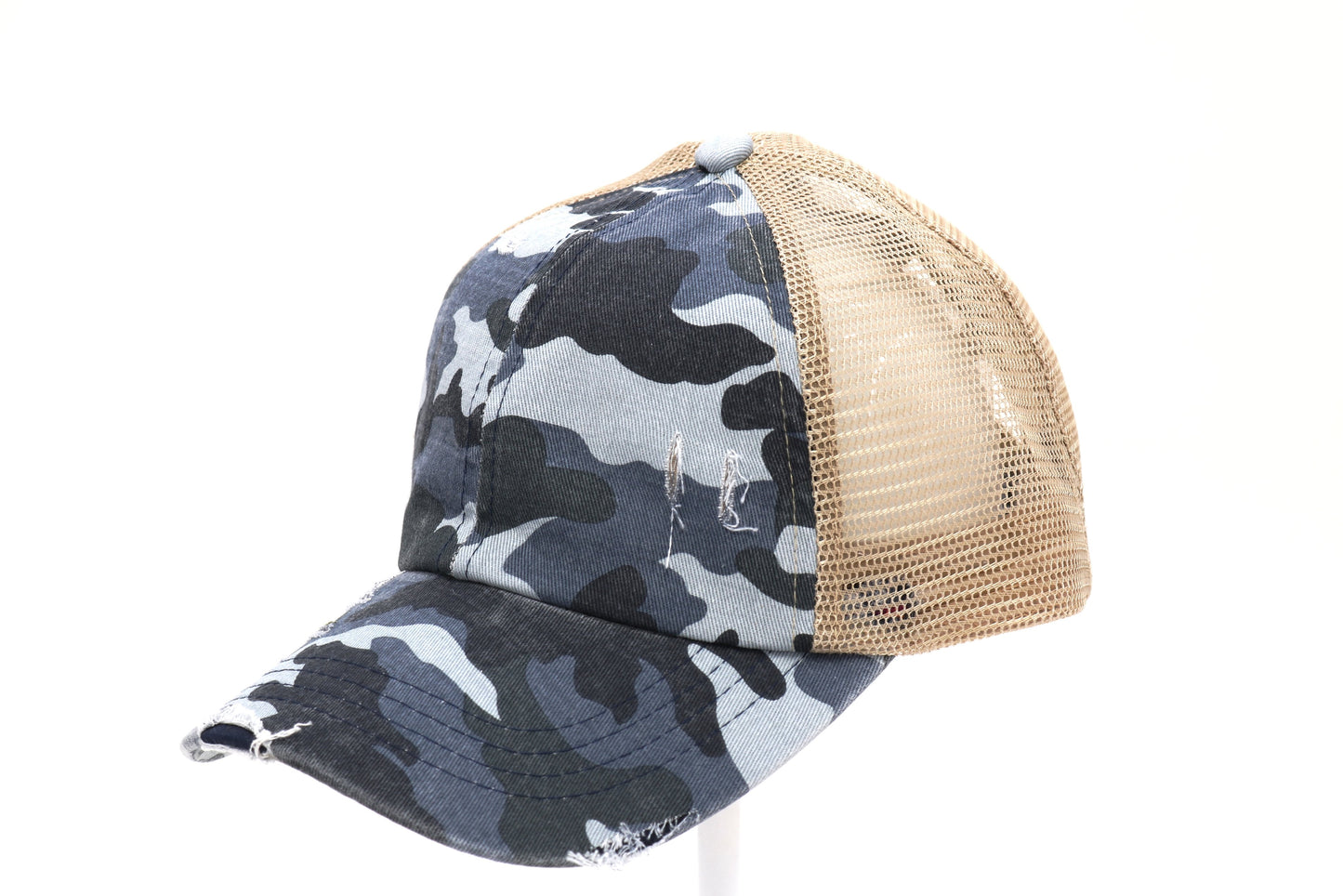 Distressed Camouflage Criss Cross High Pony Ball Cap