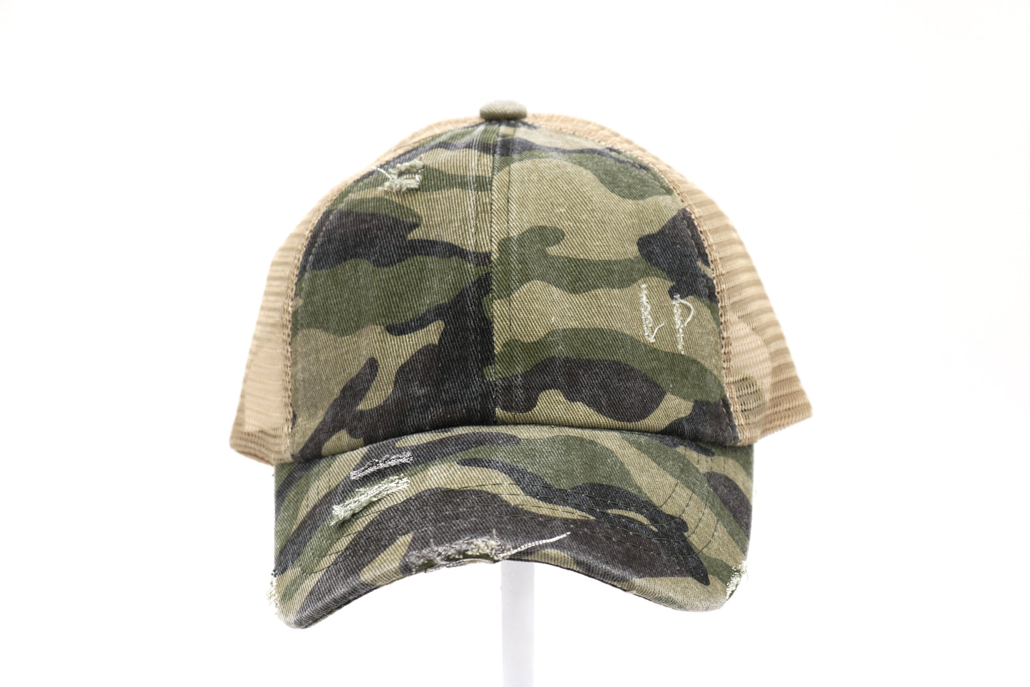 Distressed Camouflage Criss Cross High Pony Ball Cap